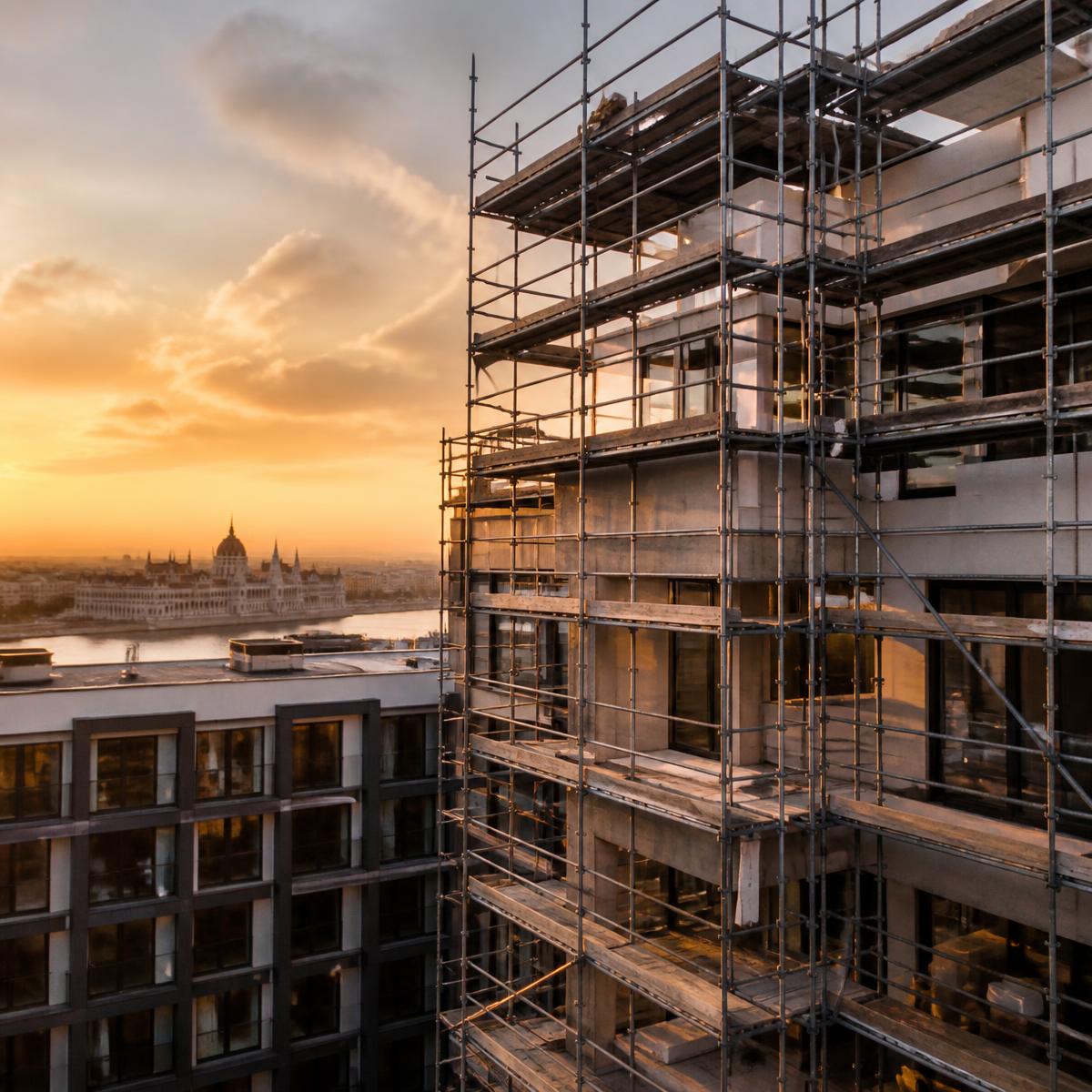 Modern építkezés állvánnyal és Budapest panorámával napnyugtakor